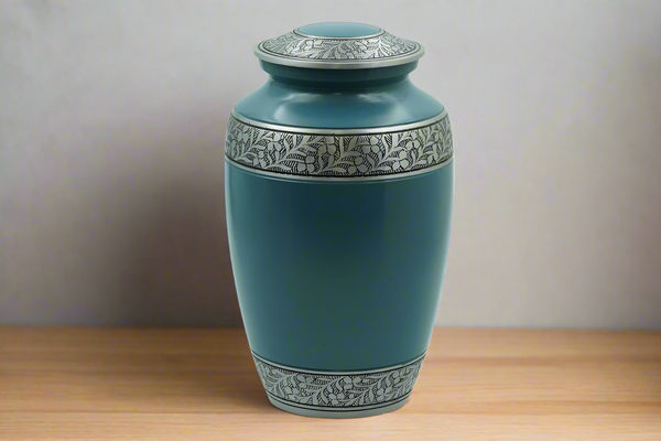 Brass Metal Urn For Ashes | Light Blue With Pewter Details