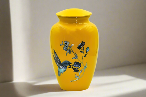 Yellow hummingbird metal urn