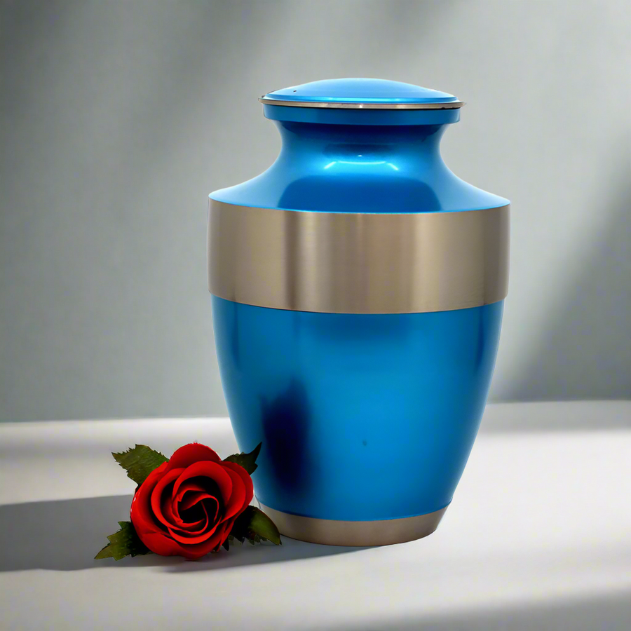 Brass Metal Urn For Ashes | Blue With Silver Trim - Casket Depot Vancouver