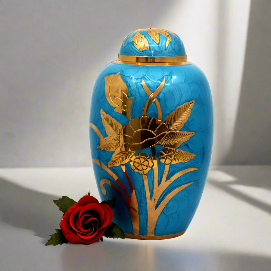Brass Metal Urn For Ashes | Painted Blue And Gold Flowers - Casket Depot Vancouver