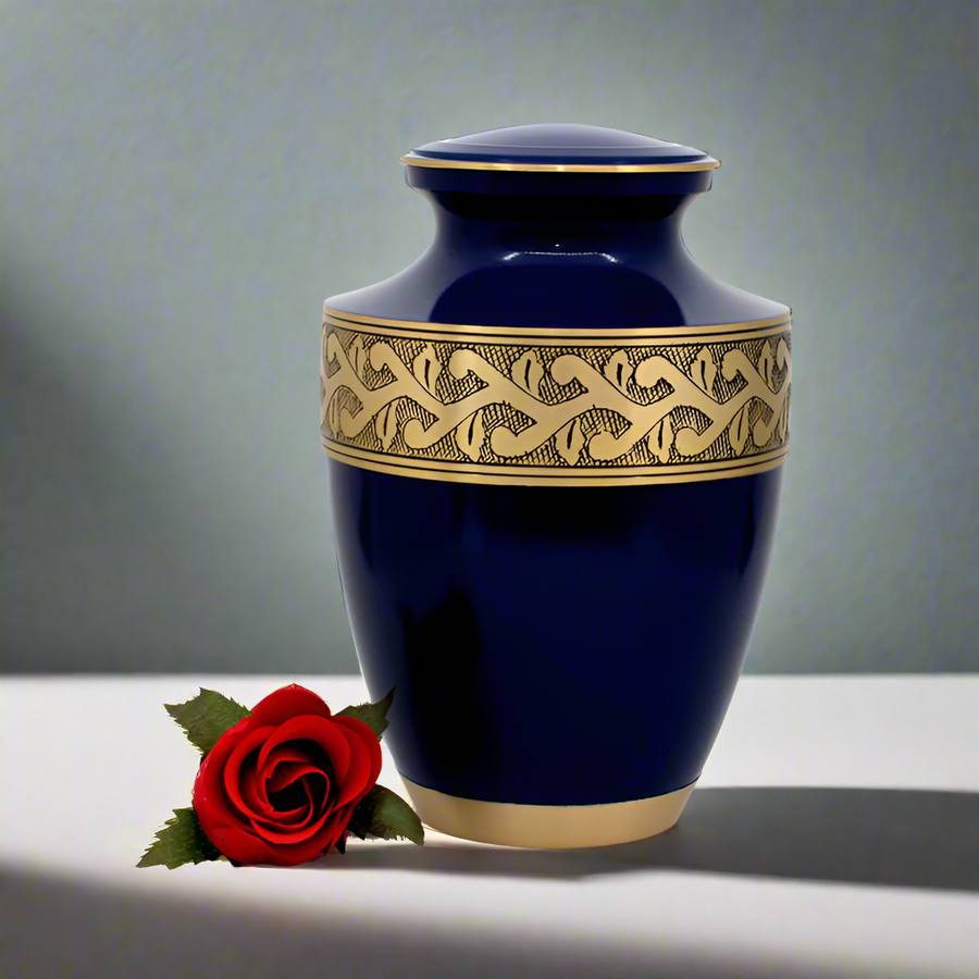 Brass Metal Urn For Ashes | Blue With Gold Detail - Casket Depot Vancouver