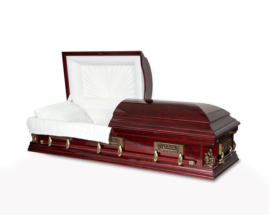 Cherry Vatican wood casket with last supper hardware and Michelangelo's Pieta corner piece. Red glossy finish and soft white interior fabric - Casket Depot Vancouver