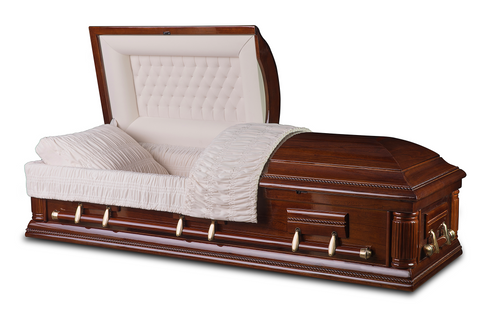 Solid Wood Hamilton Walnut casket with high gloss finish and white velvet interior- Casket Depot Vancouver