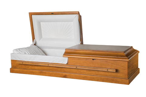 Nature wood coloured poplar casket with white interior finish.
