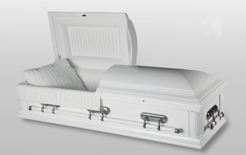 White wooden casket with white interior and silver hardware.