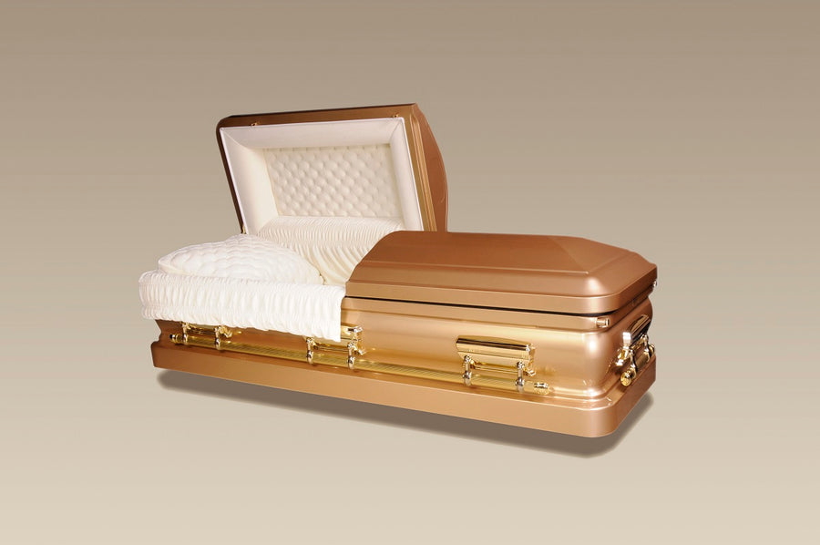 Gold Star 18 Gauge Steel Metal Casket. Gold exterior and gold hardware, with white velvet interior. - Casket Depot Vancouver