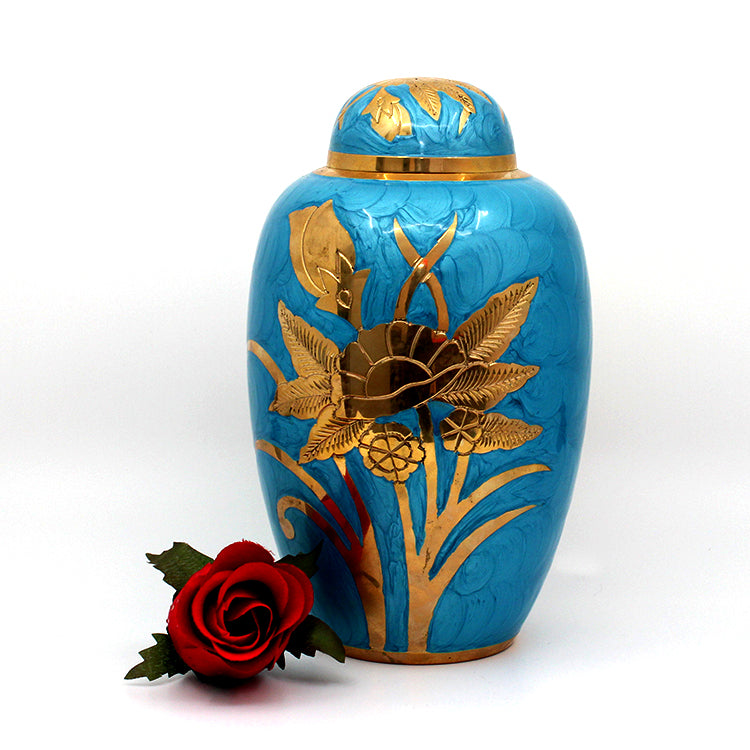 Brass Metal Urn For Ashes Painted Blue And Gold Flowers Casket