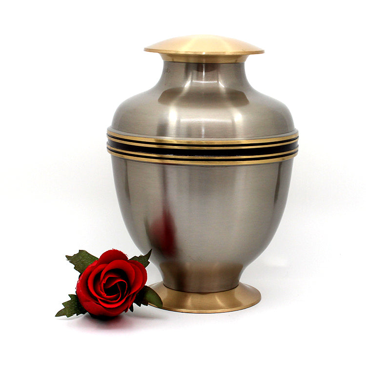 Brass Metal Urn For Ashes Pewter Gold & Black Trim Casket Depot