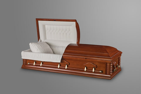Burlington Solid Wood Casket with glossy light brown finish and white interior fabric and spiral corners- Casket Depot Vancouver