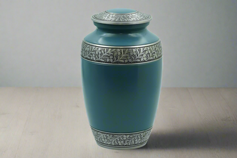 Brass Metal Urn For Ashes | Light Blue With Pewter Details