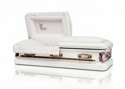 White casket with decorative elements on a white background