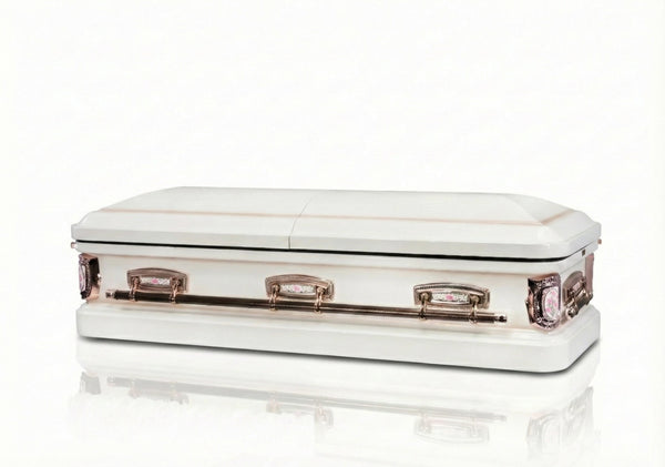 White casket with gold accents on a white background