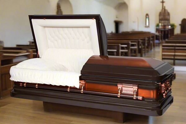 A bronze colour steel casket displayed in a funeral chapel 