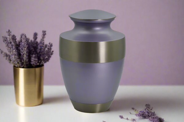 Brass Metal Urn For Ashes | Lilac With Silver Bands