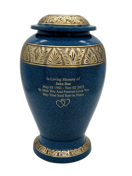 Brass Metal Urn For Ashes | Blue With Gold Leaf Trim