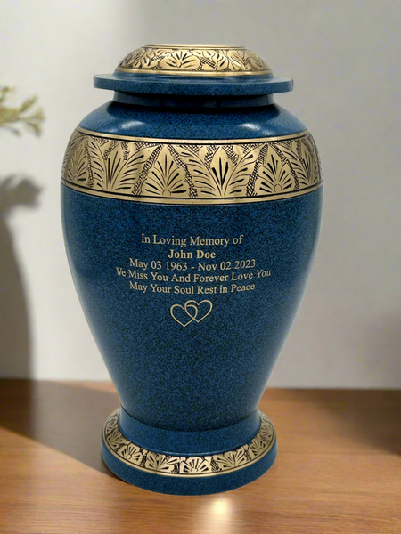 Brass Metal Urn For Ashes | Blue With Gold Leaf Trim