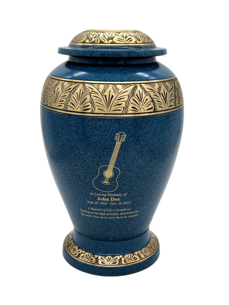 Brass Metal Urn For Ashes | Blue With Gold Leaf Trim