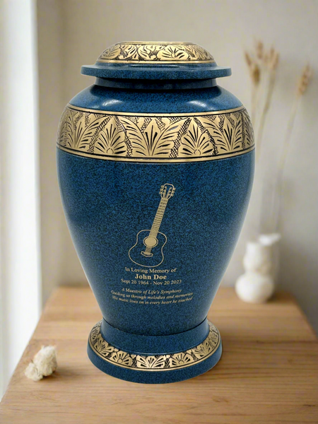 Brass Metal Urn For Ashes | Blue With Gold Leaf Trim