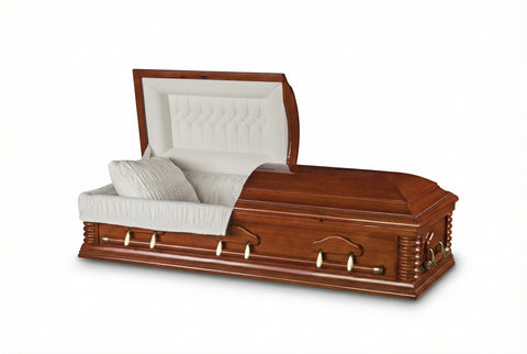 Wooden casket with white interior on a white background