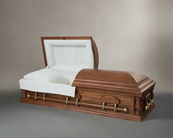 Vancouver Casket Depot Matte Pecan Casket with a light brown backdrop