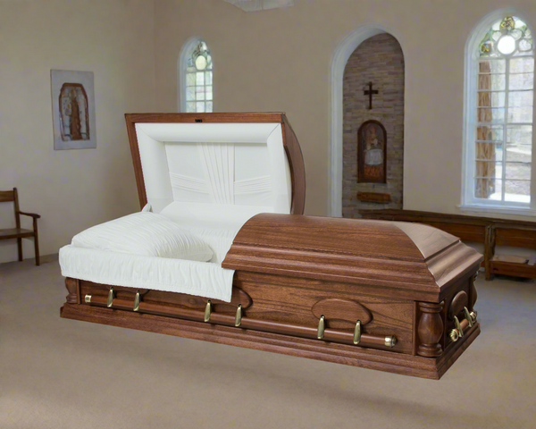 Pecan casket from Vancouver Casket Depot displayed in a church chapel 