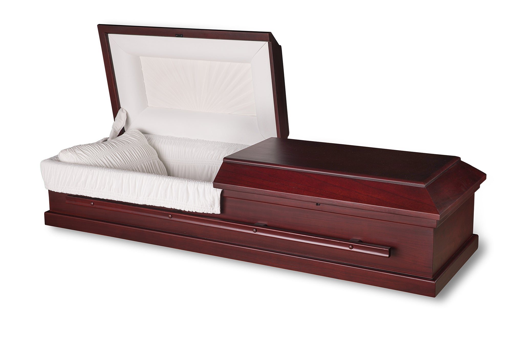 A red wooden casket with white interior made by Casket Depot Vancouver