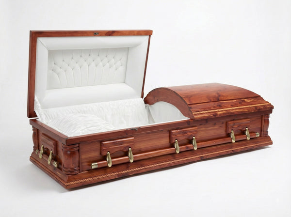 Wooden casket with white interior on a white background