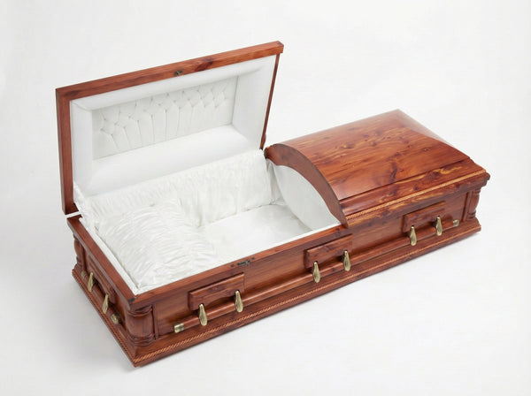 Cedar wood casket with white interior on a white background taken from an angle above