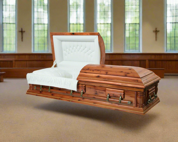 A cedar wood casket in the middle of a church chapel