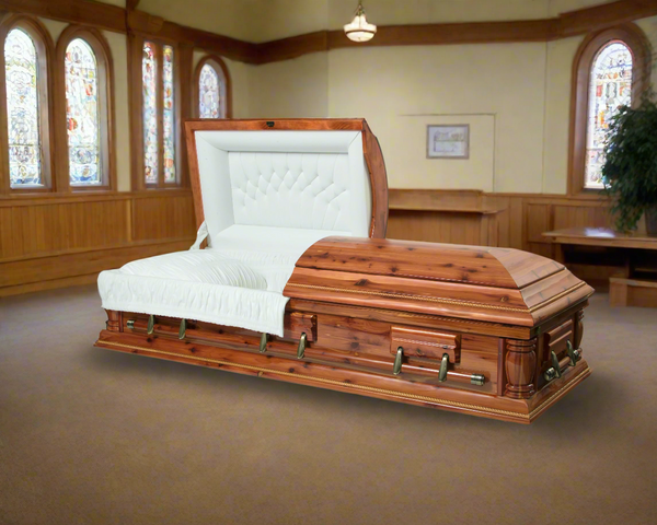 A cedar wood casket made by casket depot vancouver displayed in a funeral chapel 