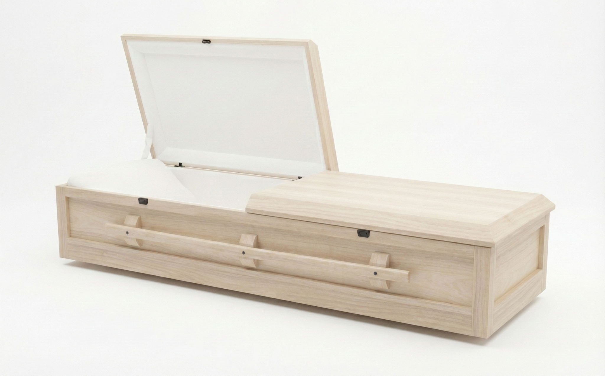 Wooden coffin with open lid on a white background