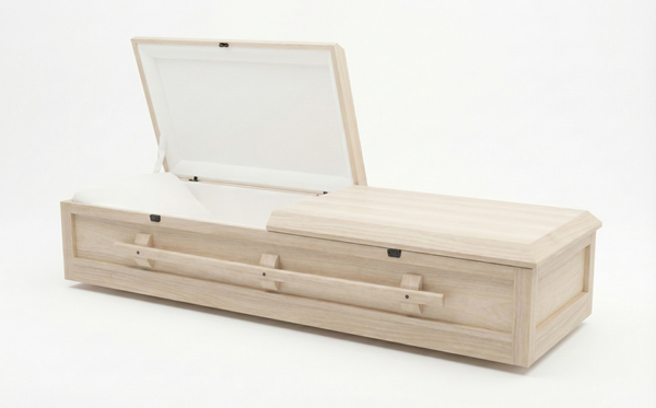 Wooden coffin with open lid on a white background