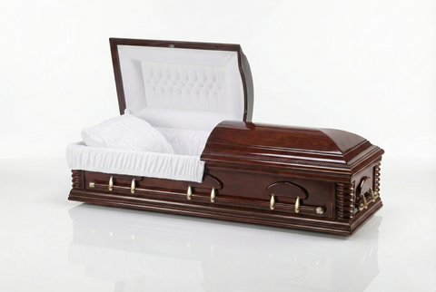 Wooden casket with white interior on a white background