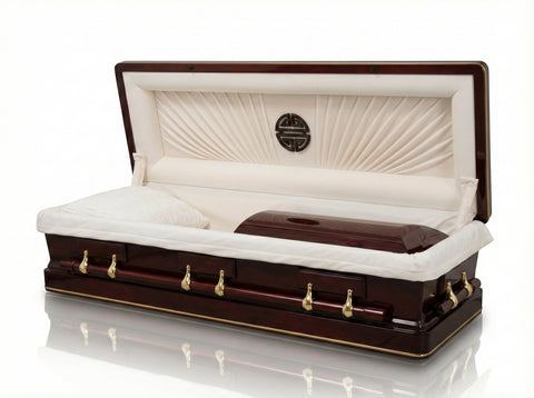 Full couch longevity casket with white interior and wooden exterior on a white background