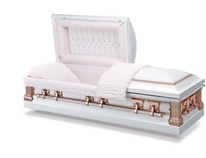 Metal casket with white exterior and copper colour hardware and corners. Pink interior velvet fabric. 