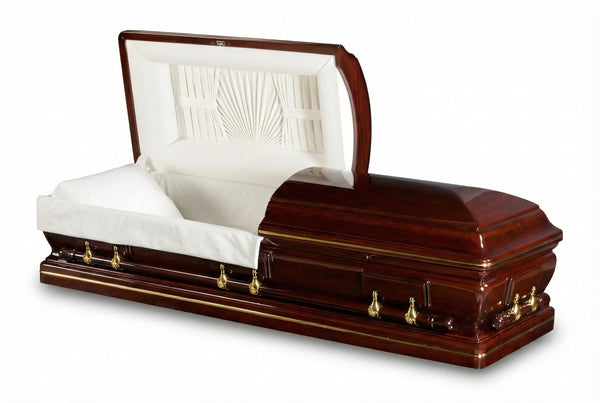 Wooden casket with white interior on a white background