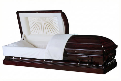 Wooden Mahogany casket with white interior on a white background