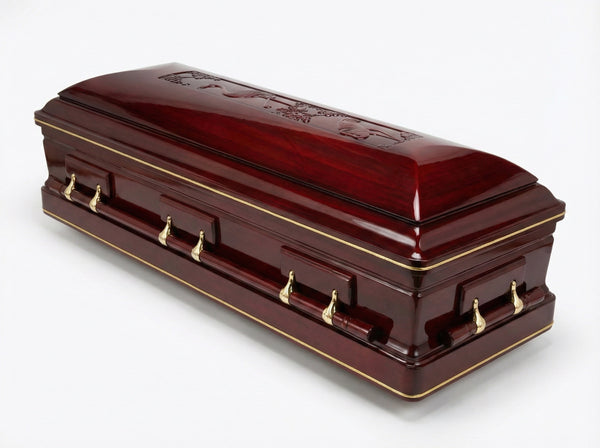 Wooden casket with gold accents on a white background