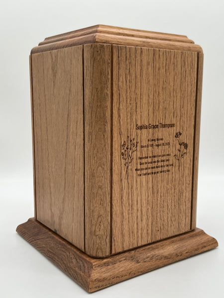 Solid Oak With Base Urn with sample custom engraving 