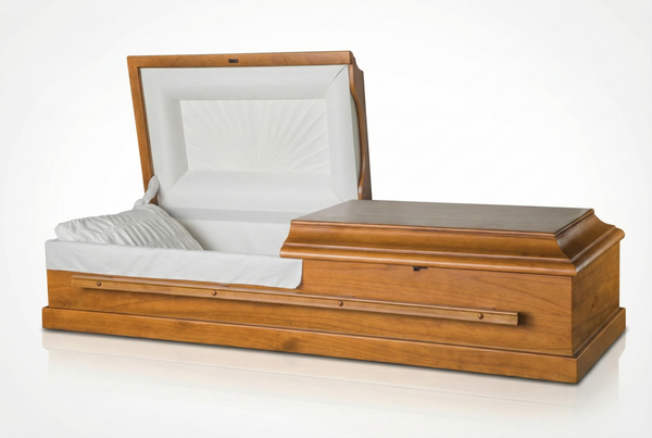Wooden casket with white interior on a white background