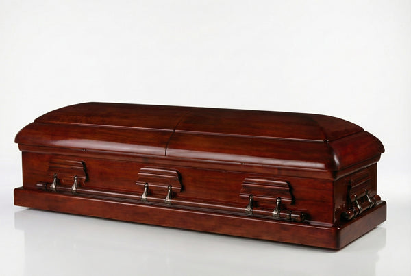 premier mahogany casket on a white background