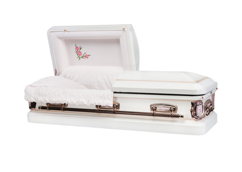 18 gauge steel prim rose metal casket, with rose hardware and pink velvet interior. 