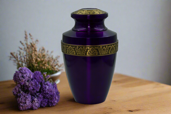 Brass Metal Urn For Ashes | Eternity Purple With Gold Details