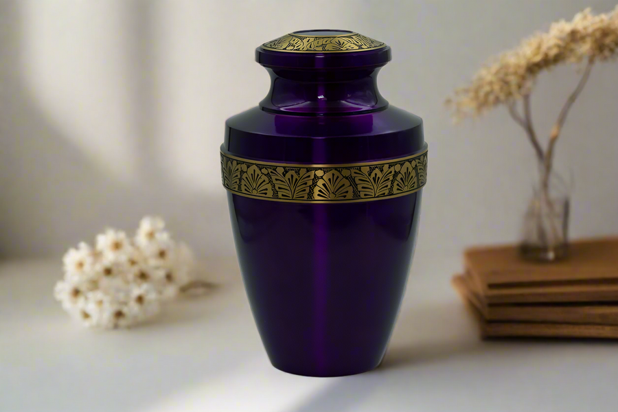Brass Metal Urn For Ashes | Eternity Purple With Gold Details - Casket Depot Vancouver