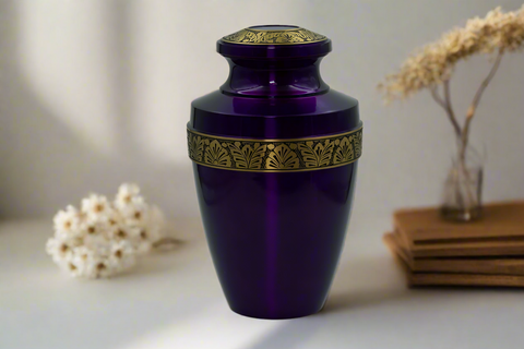 Brass Metal Urn For Ashes | Eternity Purple With Gold Details