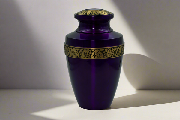 Brass Metal Urn For Ashes | Eternity Purple With Gold Details