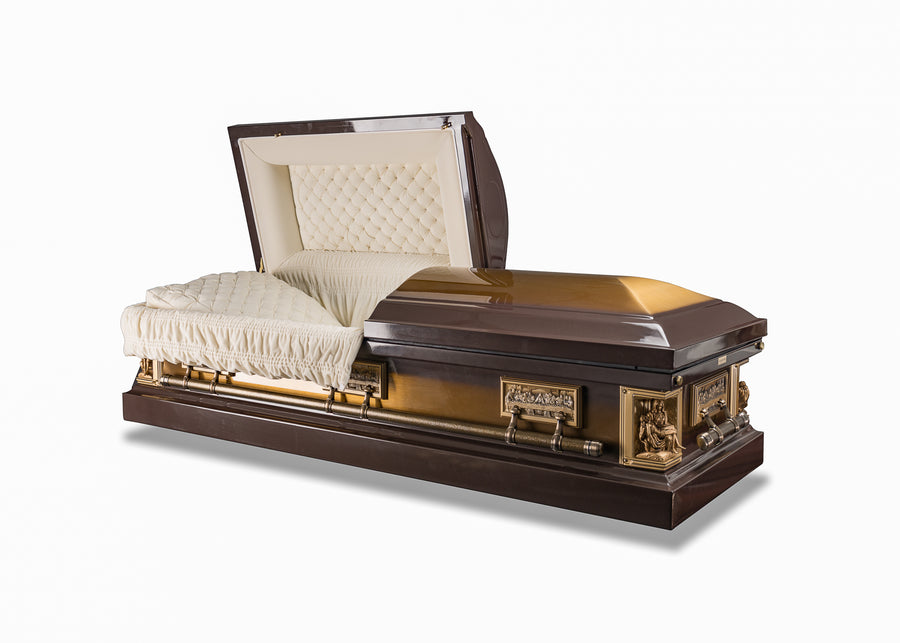 18 Gauge Steel Casket with Last supper panel decor and Michelangelo's Pieta corner pieces.