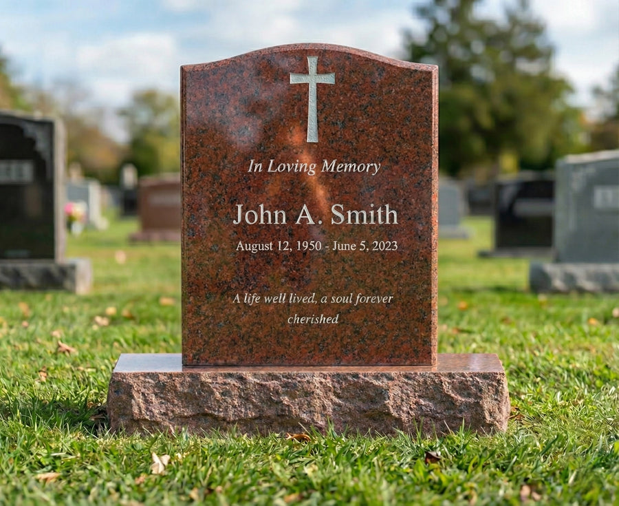 Gravestone with cross design and engraved text in a cemetery