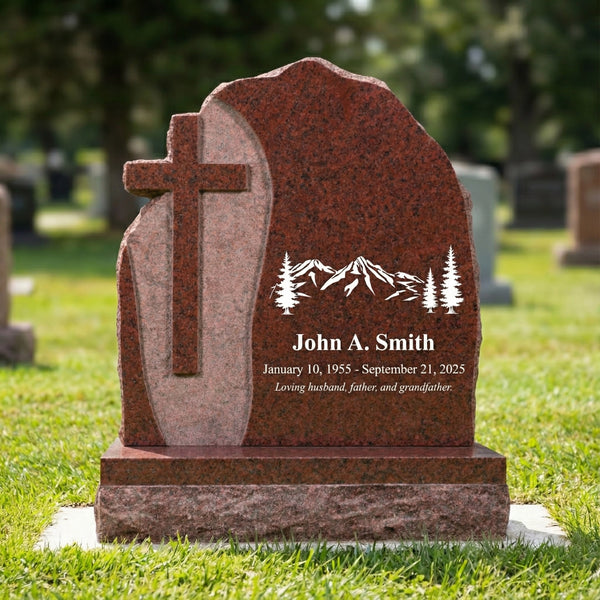 Gravestone with cross and engraved text in a cemetery