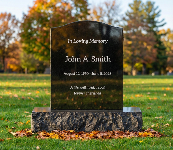 Black marble headstone with engraved text in a cemetery setting